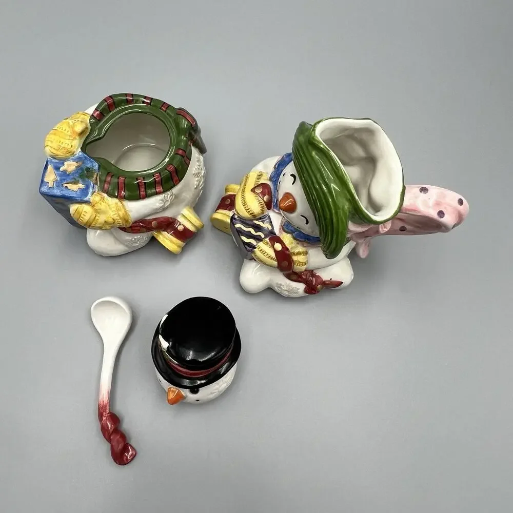 VTG Fitz & Floyd Frosty Folks Creamer Sugar‎ Spoon Set 90s Christmas Snowman